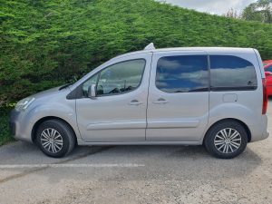 wheelchair accessible taxi side view in front of a bush